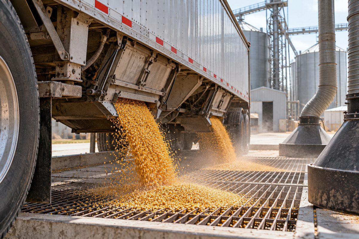 Bulk grain hopper bottom unloading corn into receiving grate at grain elevator