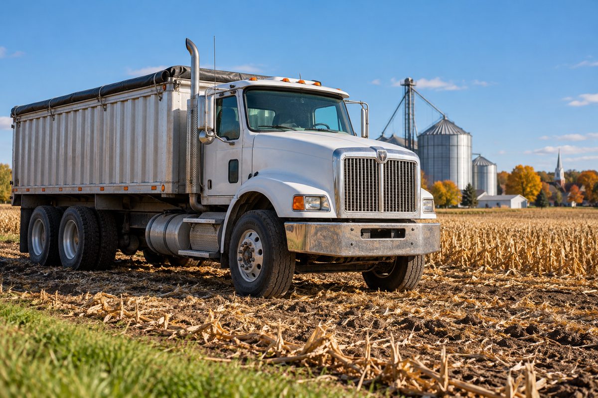 Commercial grain truck standing beside a harvested corn field ready for loading in Pigeon Michigan