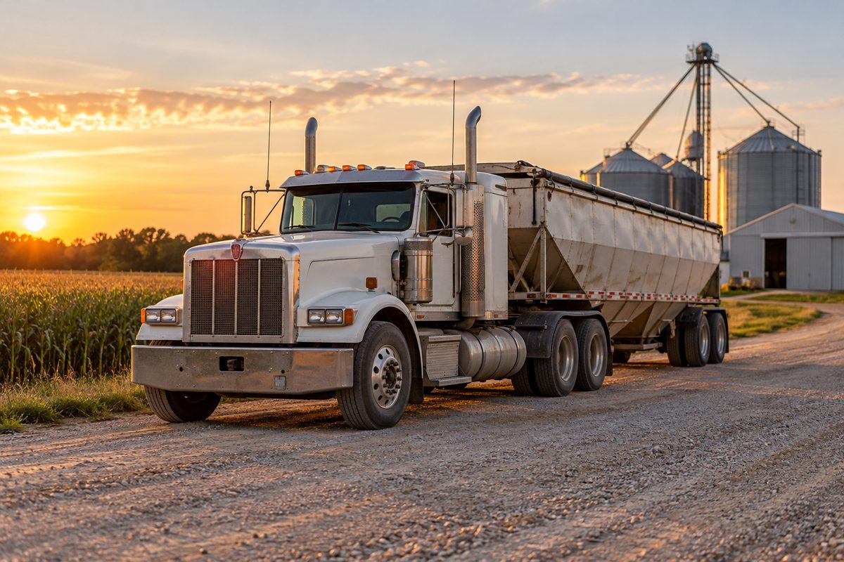 Commercial grain hauling truck staged on farm approach lane awaiting combine fill