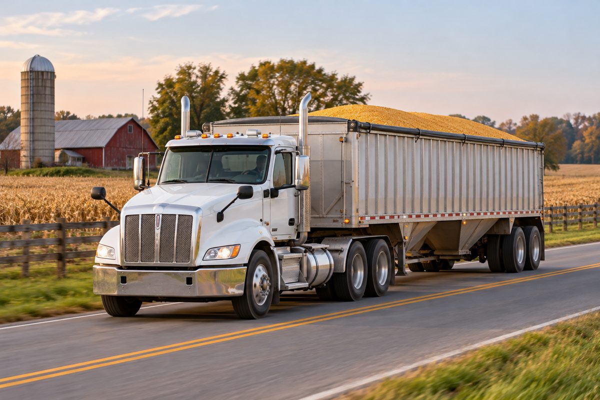 Grain hopper bottom trailer in transit carrying grain on a Michigan highway