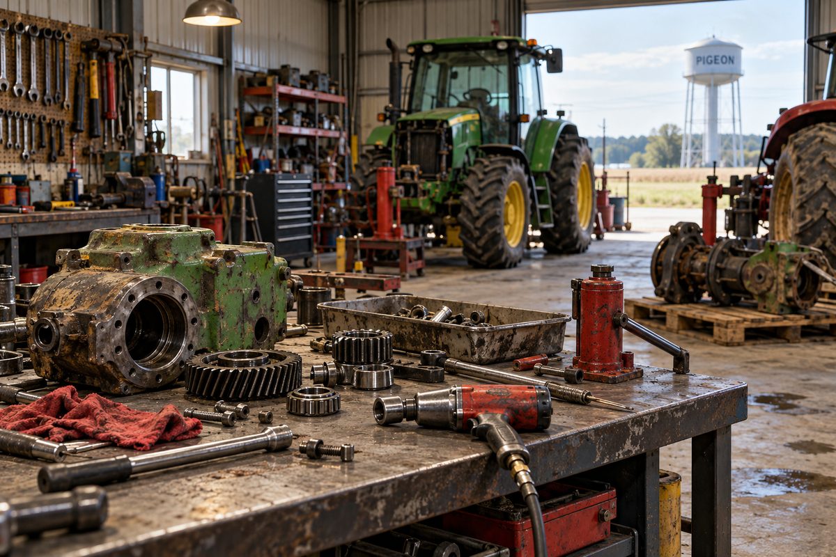 Farm mechanical repair workshop with heavy transport maintenance tools and equipment