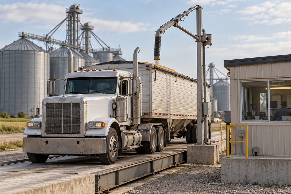 Grain transport truck on commercial certified platform scale for gross weight check