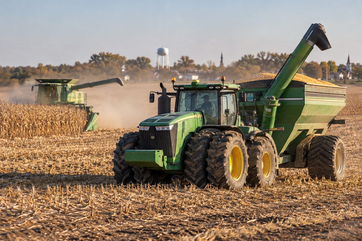 Agricultural tractor and grain transfer equipment staged at field headland