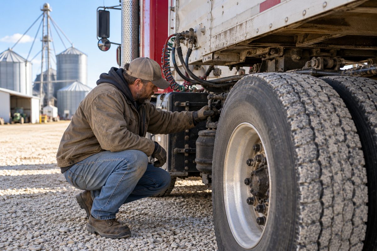Commercial driver inspecting tires and air lines during pre-trip transport check
